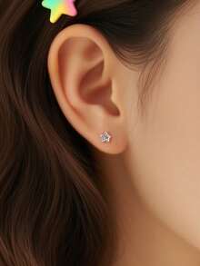 Artepollo 1pc 925 Sterling Silver Hypoallergenic Star Stud Earrings, Inlaid With Sparkling Cubic Zirconia, Spiral Ear Backs For Secure Wear, Delicate & Adorable, Gift Box Packaging, Suitable For Daily Wear Or Holidays, Gift For Girls, Friends, Back To School, Christmas