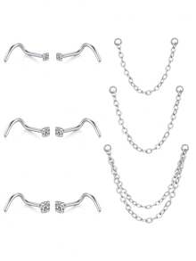 AVYRING 9 件 DIY 18/20 克钻石 CZ 鼻环 1.5 毫米 2.5 毫米 3 毫米 CZ 鼻钉带链不锈钢鼻穿孔饰品鼻环耳钉银金色 - 多色3 - 查看 20