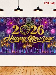 1件新年主题背景横幅，闪光彩色烟花倒计时时钟图案涤纶背景布，适用于室内/室外新年派对庆祝活动、新年派对装饰、家居装饰、新年夜活动派对用品、新年派对墙面背景装饰用品、新年礼物、花园庭院装饰旗帜、2026新年快乐装饰、悬挂装饰、派对礼品 - 彩色 - 查看 4