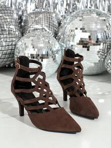 Fall/Winter Fashionable Pointed Toe Sexy Low-Cut Black Hollow-Out Versatile Back Zipper Stiletto High Heels, Elegant, Party