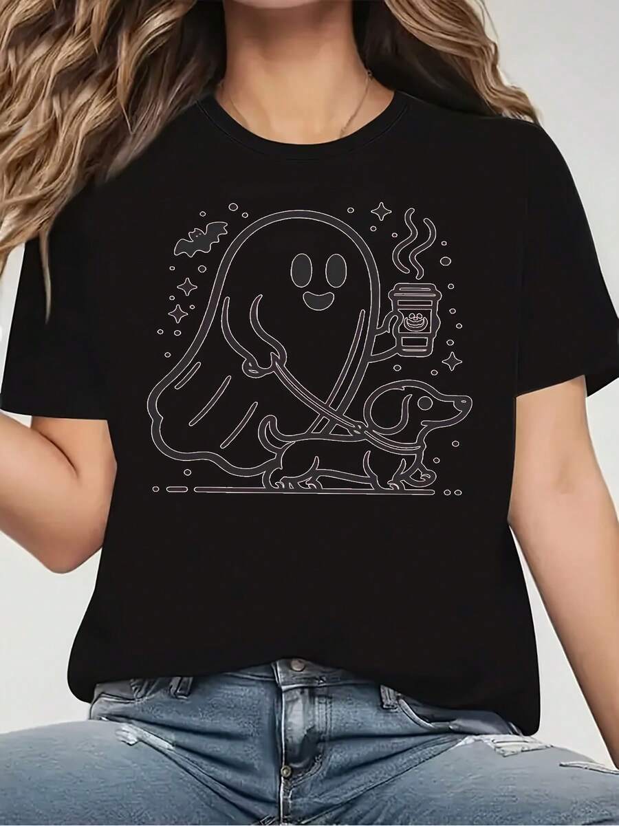 Women's Halloween Graphic Print T-Shirt, Perfect For Holiday Parties, Celebrations, Birthdays, Halloween, Thanksgiving, Christmas, Or Family Gifts For Friends And Family, Perfect For All Seasons