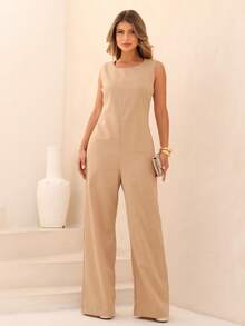 Elegant Linen Wide Leg Jumpsuit With Discreet Pockets - Nude - View 1
