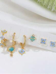 6 Pieces Of Exquisite Little Flower Planet Cute Sweet Girl Temperament Gentle Style Copper Earrings Set For Women - Vàng - Xem 4