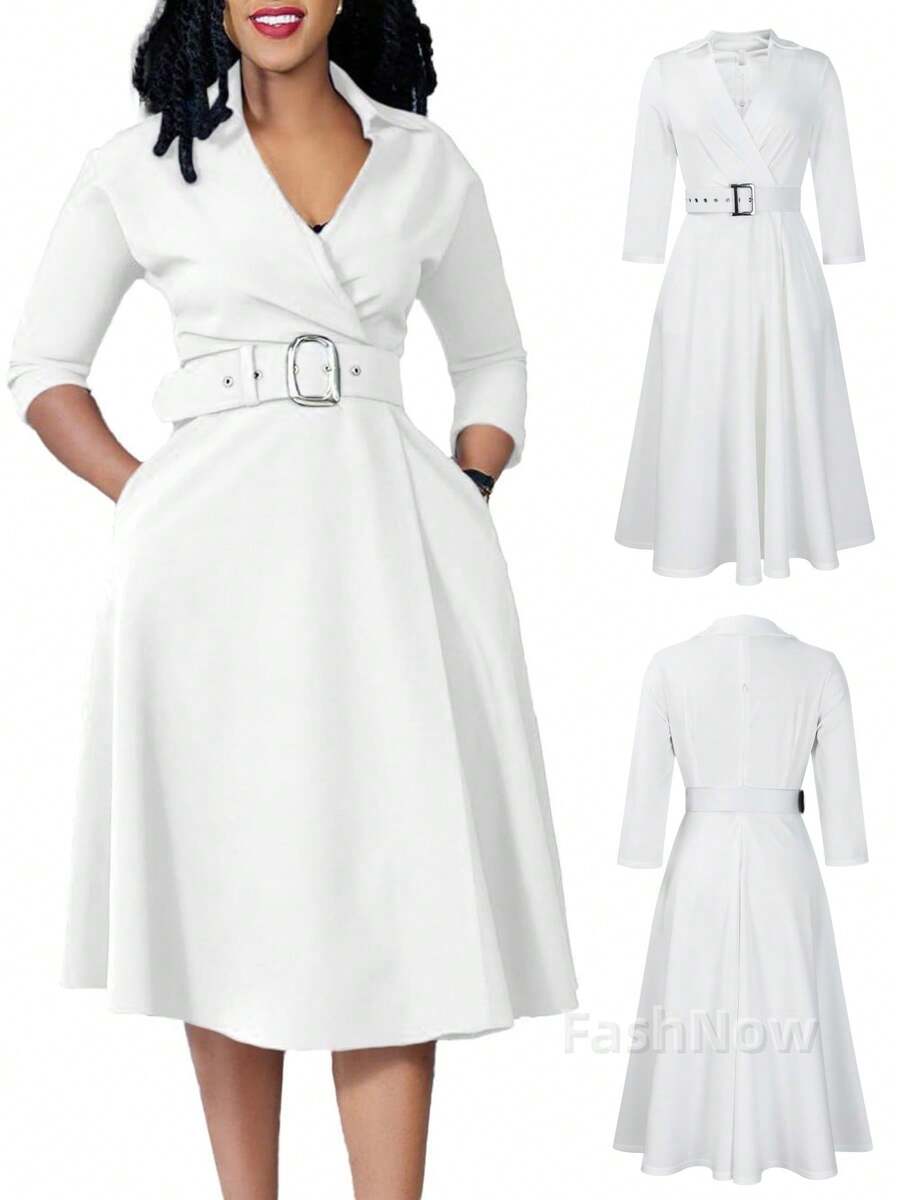CALEBGAR Elegant Women's 3/4 Sleeve A-Line Dress With Belt Party Wedding Guest Office Lady Work Church Semi-Formal Casual Dress - trắng - Xem 1