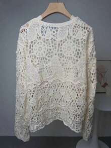 Novo suéter de crochê feminino, manga comprida, decote profundo, blusa solta e versátil, casual