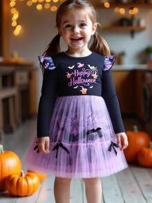 Girls Halloween Dress 4-7 Years Old Long Sleeve Black Top Purple Tulle Tutu Pumpkin Bat Print Young Girl Party Kindergarten Costume - Purple - View 6