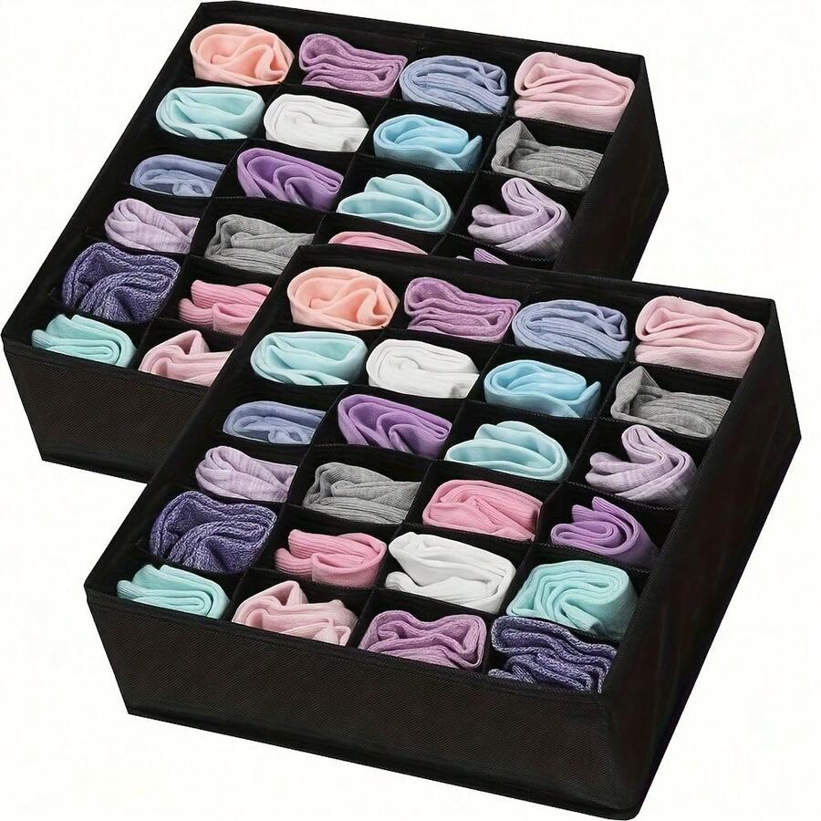 Set Of 2 Storage Boxes, Foldable Drawer Organizers With 24 Compartments, Ideal For Storing Underwear, Bras, Socks, And Ties, Designed To Save Space In Your Wardrobe. - màu đen - Xem 1
