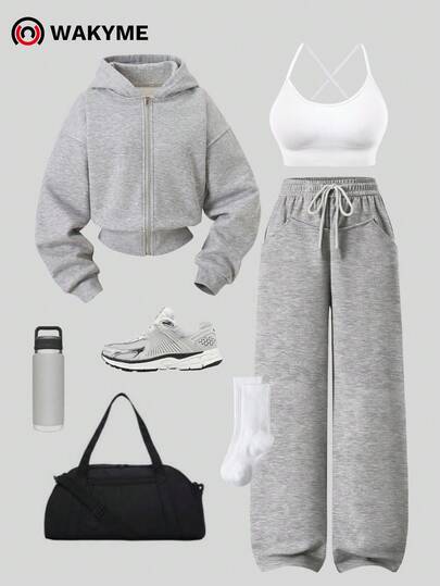 WAKYME 3pcs Women's Casual Sports Set - Cropped Zip-Up Hoodie + Criss-Cross Sports Bra + High-Waisted Wide Leg Pants, Light Gray & White, Fashionable Daily Wear