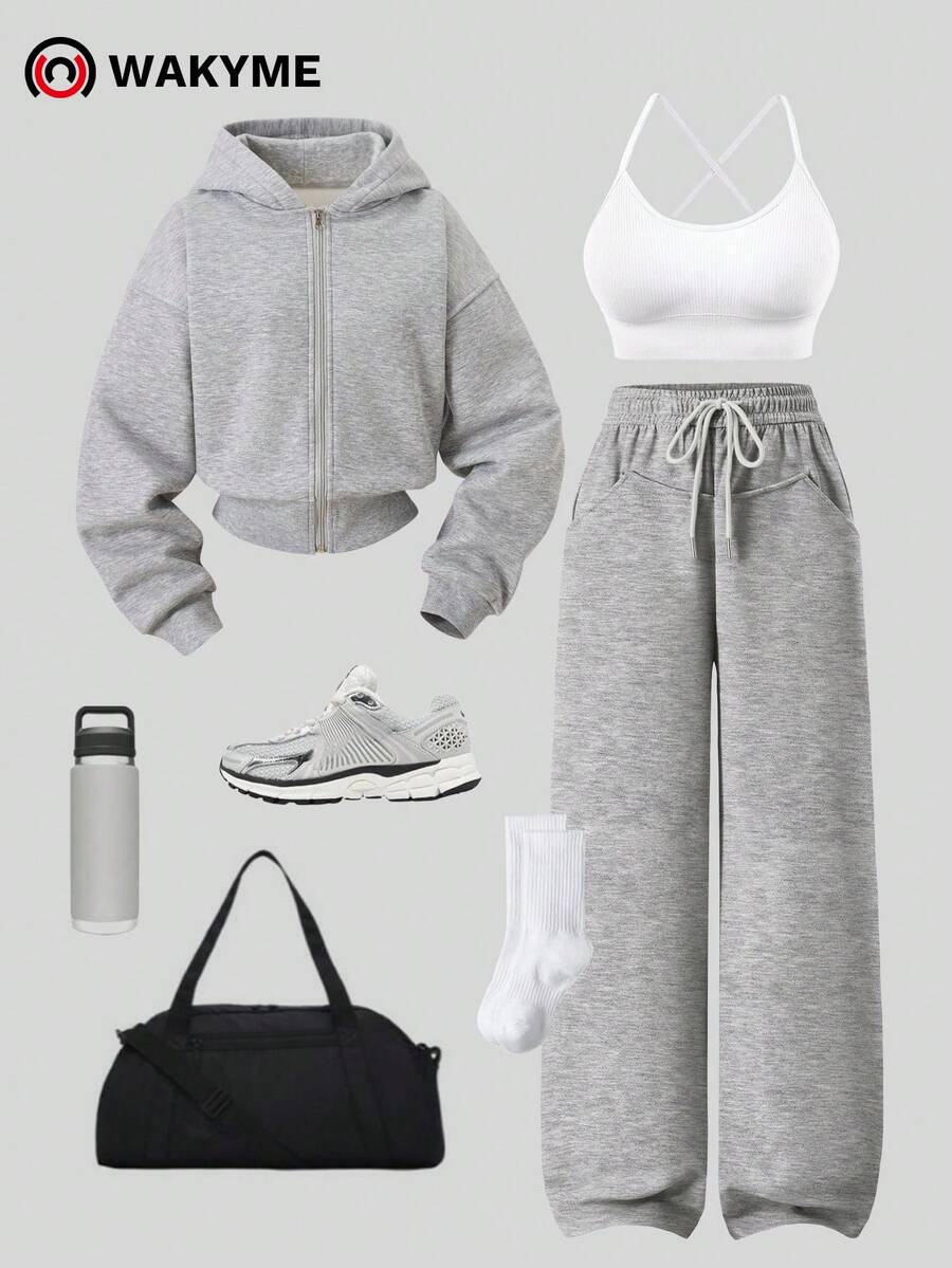 WAKYME 3pcs Women's Casual Sports Set - Cropped Zip-Up Hoodie + Criss-Cross Sports Bra + High-Waisted Wide Leg Pants, Light Gray & White, Fashionable Daily Wear - Multicolor - View 1