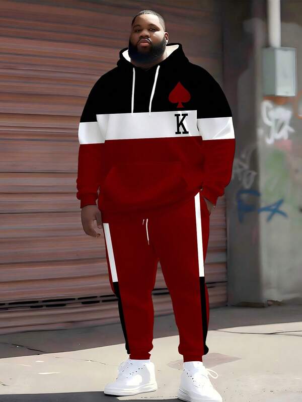 ZhuYa Fashionable "Old K Pattern & Contrast Striped" Matching Plus Size Men's Hoodie Set, Spring/Autumn/Winter Sports 2 Pieces - Plus Size Loose Fit Streetwear Inspo, Comfortable Relaxed Hoodie + Jogger Pants, Casual Hip-Hop Style
