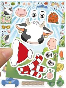 8PCS Cartoon Cow Face Swap Puzzle Sticker Cartoon Creative Personalized Stickers For Laptop Phone Waterproof Vinyl Junk Journal Sticker Boys Girls Animal Party Favors Thanksgiving Christmas Decorations Home Wall Decor