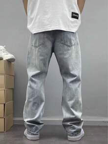 男士宽松破洞休闲牛仔裤 - 时尚宽松版型 - 淺色水洗藍 - 查看 2