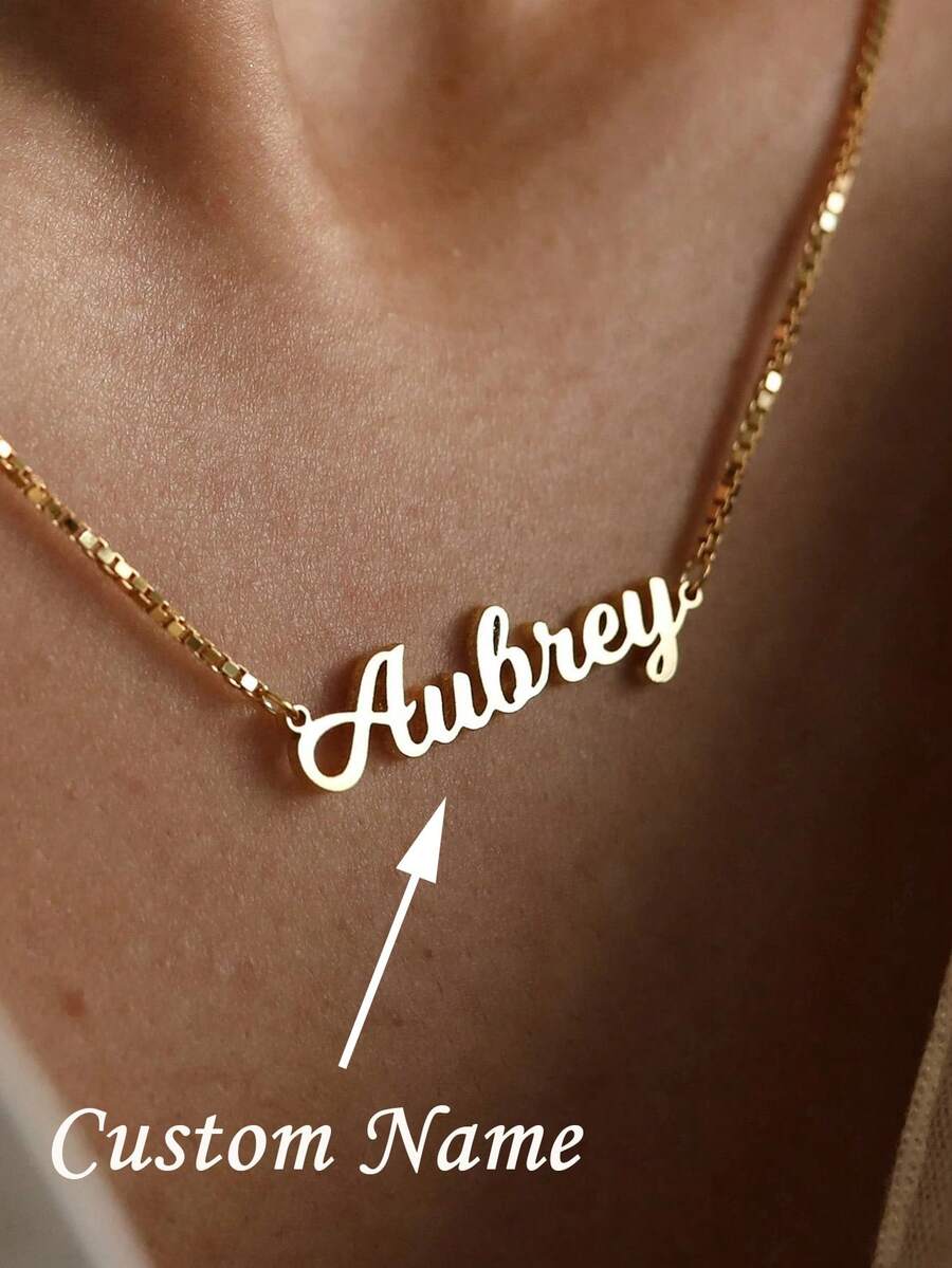 1pc Customized Name Necklace, Stainless Steel Name Pendant Necklace With Box Chain,Fashionable Personalized Letter Name Pendant For Women Men,Stainless Steel Jewelry,Silvery Gold Color Necklace,Birthday,Birthday, Party, Anniversary, Halloween, Christmas Gifts - Gold - View 1