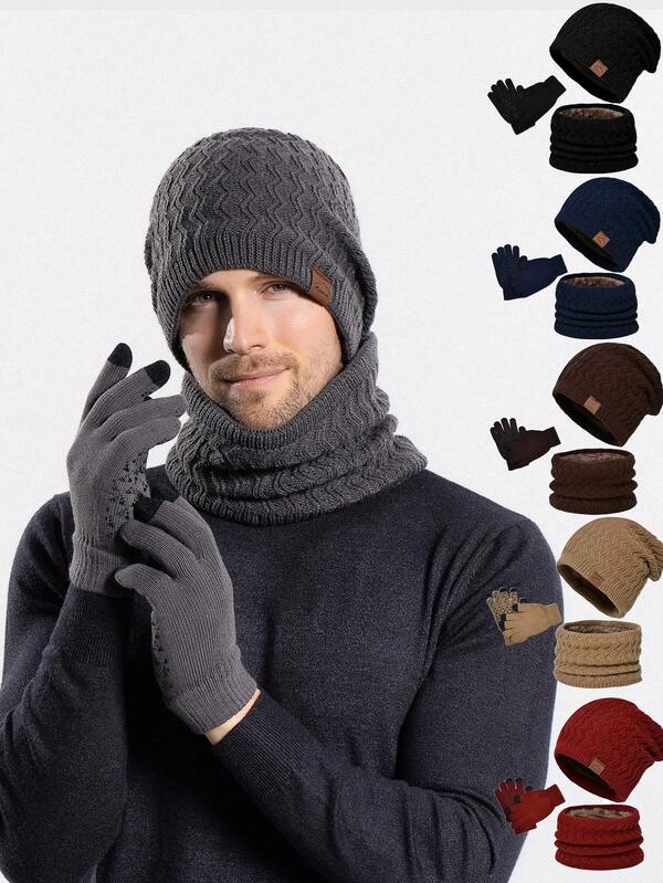 Men's Winter Knitted Beanie Hat, Neck Warmer Scarf And Touch Screen Gloves , Double-Layer Thick Pattern, Fur Ball, Snowflake Design, Suitable For Skiing, Travel, Cycling, Driving, Dating, Gift For Men, Daily Use Winter Accessories Winter Outfits Winter Warm