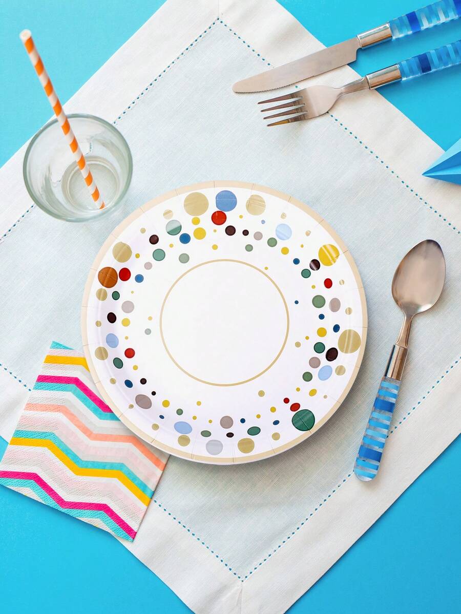 8pcs White Paper Plates, White & Colorful Polka Dot Party Plates, Disposable Tableware, Disposable Paper Plates For Cake, Dessert, Bread, Suitable For Wedding, Birthday Party, School Party Decor, Outdoor Picnic, Christmas Dinner