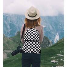 Drawstring Bag Sackpack - Black and White Grid - View 7