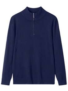 Men's Solid Color Long Sleeve Casual Fitted Zip-Up Stand Collar Sweater, Autumn/Winter - Navy Blue - View 3