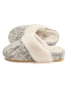 نعال نسائية قماشية، نعال مسطحة من الفرو مع بطانة ناعمة، مريحة وفضفاضة للارتداء داخل المنزل/خارجه