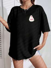 Boo Ghost Graphic T-Shirt, 220g Cotton Casual Summer T-Shirt with Round Neck and Short Sleeves (1 Piece)