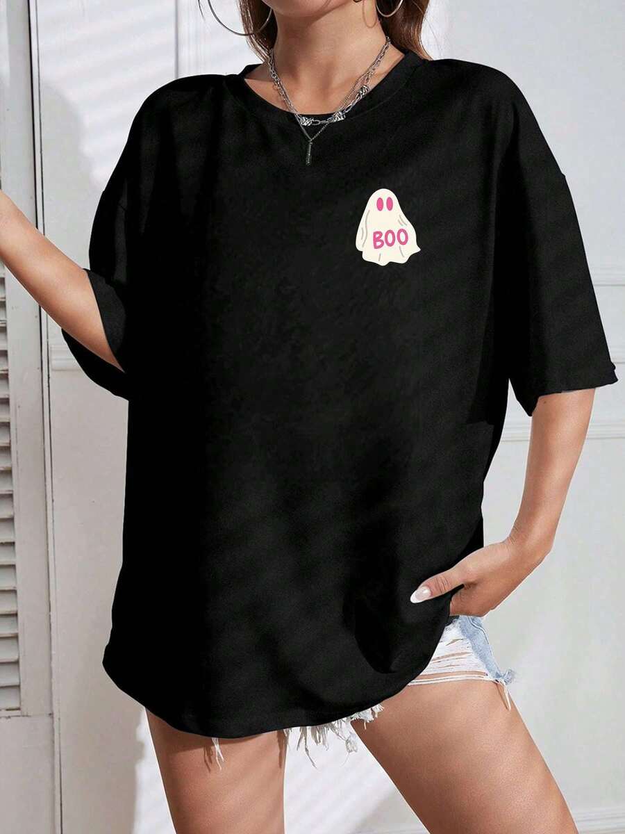 Boo Ghost Graphic T-Shirt, 220g Cotton Casual Summer T-Shirt with Round Neck and Short Sleeves (1 Piece)