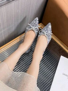 zuandashu 0.5码可爱优雅银色亮片平底芭蕾舞鞋，尖头蝴蝶结套脚休闲乐福鞋，舒适工作鞋，适合34-43码女性，春、夏、秋季百搭 - 銀色 - 查看 8