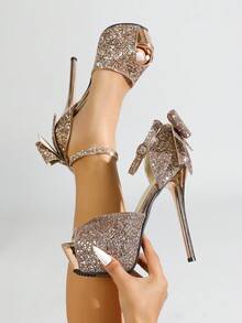 Un par de sandalias de mujer de moda con tacones altos de 14 cm, plataforma impermeable de 5 cm, tela brillante, decoración con lazo, adecuado para discoteca, fiesta, boda, boda elegante al estilo occidental, con detalles de metal y brillo, tacón súper alto, plataforma impermeable, adecuado para fiesta, vacaciones, oficina, boda, primavera y otoño