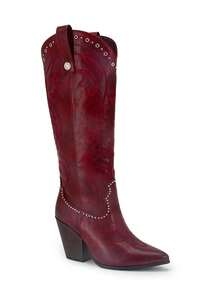 Tropiscape 女士西部牛仔靴 性感过膝刺绣红色时尚拉链西部靴 套穿尖头粗跟乡村长靴 圣诞礼物 - 酒紅色 - 查看 12