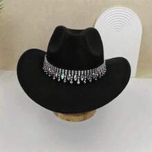 Women Men Cowgirl Hat Rhinestone Gem Tassel Jazz Cap Wedding Hat For Fiancee Shower Engagement Parties Weddings - màu đen - Xem 4