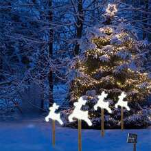 1 Confezione 4 LED Renne, Campanelle, Fiocchi di Neve, Pentagramma Luci da Percorso Natalizie Impermeabili Alimentate a Energia Solare Lampada da Paesaggio Adatta per Casa, Giardino, Patio, Passaggio, Vialetto, Prato, Decorazione Natalizia per Feste all'Aperto