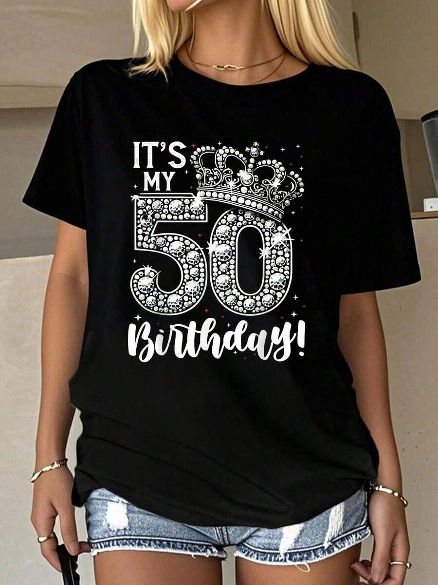 50 Years Old It's My Birthday Funny 50th Birthday Women T-Shirt Graphic Tees Women Summer Tops Round Neck T Shirt 100%Cotton Women Clothing Outfits For Women Fall Women Clothes Tops For Women Black T Shirt - 黑色 - 查看 1