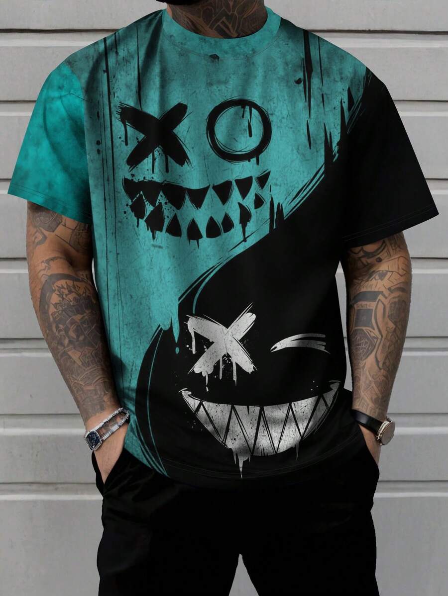Men's Gothic Face Print Round Neck Short Sleeve Casual T-Shirt, Summer - Blue - View 1