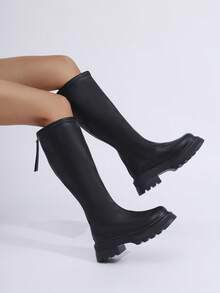 女式高筒靴，新款秋季厚底百褶百搭细跟马靴 - 黑色 - 查看 2