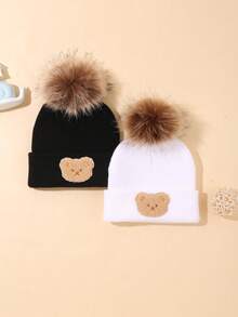 3-Piece Double Ball Decorated Bear Embroidery Knitted Hat Combination, Fashion Cute Bear, Suitable For Daily Leisure Collocation