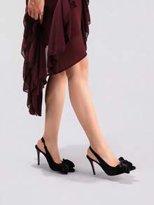 女士蝴蝶结高跟鞋，优雅性感尖头超高跟时尚派对黑色高跟凉鞋，细高跟鞋 - 黑色 - 查看 7