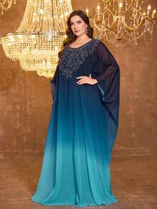 UNITHORSE Plus Women's Round-Neck Long Sleeve Chiffon Heavy Industry Hot Drilling Maxi Evening Dress - Multicolor - View 1