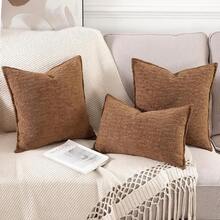 2 StüChenille-Samt-Kissenbezümit dekorativem Rand, neutrale weiche Kissenbezü, luxuriöser Stil, Wohnmöbel, Sofa, hellbeige 45x45