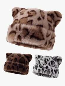 1 件 [帽子] 女孩装扮帽（豹纹毛绒帽）“耳朵帽”适合日常穿着、户外、休闲、登山等冬季保暖 - 彩色 - 查看 5