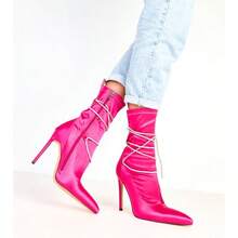 Botas de tobillo de tacón de aguja de satén rosa adornadas con rhinestones Tolnai - Rosa - Ver 3