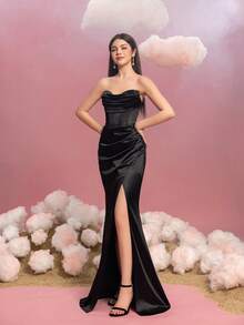 少女露肩美人鱼舞会礼服，高开衩，紧身胸衣细节 - 优雅正式礼服，适合毕业舞会、慈善晚会、学校正式礼服 - 黑色 - 查看 6