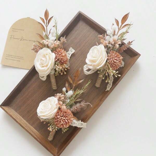 1pc Bride & Groom Wrist Corsage & Boutonniere, Romantic & Elegant Artificial Rose & Faux Pearl Bridal Party Wrist Flower, Chic Gold Leaf Ribbon Groom Groomsmen Lapel Pin, Wedding Prom Party Decoration