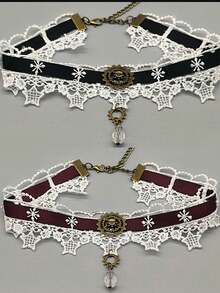 1pc Lace Collar, Steampunk Star Burgundy Satin Ribbon Black & White Lace Choker Necklace - Multicolor - View 1