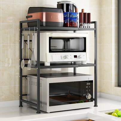 【伸縮式&取り付け簡単】レンジ上 冷蔵庫上 収納ラック フック6個付き すき間有効活用 キッチン収納 オーブンレンジ 調味料棚 収納棚 省スペース