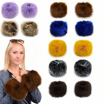 D EXCEED 2 Pcs Wrist Warmers Faux Fox Fur Soft Cuffs Band Ring For Cold Weather Winter Women Fuzzy Arm Warmers Girls Faux Fur Short Wrist
