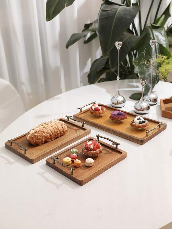 1 صينية مستطيلة ذات مقبض من الخشب الوردي والمعدن، صينية تقديم الفاكهة/الحلويات مع مقبض، متوفرة بأحجام متعددة