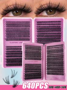 640pcs/Set Personal False Eyelashes Kit, High Density 30D+40D+50D, 8-16mm, DIY Eyelash Set, Super Dense, Natural, Super Soft, Super Lightweight, Reusable, Single Strand Faux Mink Eyelashes, Eyelash Extension Kit, Suitable For Home, Daily Life, Wedding, Date, Party, Music Festival, Christmas And Other Occasions, Individual Lashes, Cluster Lashes, Eyelashes - 彩色 - 查看 9