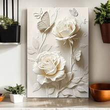 1 pièce Œuvre d'art sur canevas élégante avec rose blanche et papillon en relief - Décoration murale florale moderne pour le salon, la chambre à coucher, le bureau - Peinture abstraite de fleurs sans cadre avec des accents crème - Cadeau parfait pour Halloween, Thanksgiving, Noël