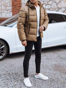 Gesteppte Winterjacke für Herren mit abnehmbarer Kapuze, Kunstfellfutter, Reißverschluss, Innen- und Außentaschen, Bündchen, bequem und praktisch, perfekt für den Winter und den Alltagslook. - Khaki - Übersicht 2