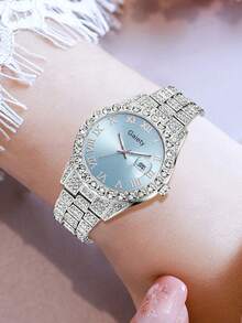 1 Peça Relógio Feminino de Luxo com Pulseira de Liga de Prata, Relógio de Quartzo com Mostrador Cravejado de Diamantes e Numerais Romanos, Adequado para Combinar com Looks Diários ou como Presente de Feriado - Prata - Visão 3