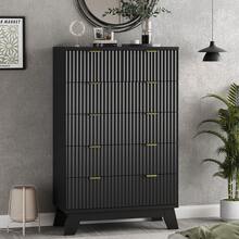 Fluted 6 Drawers Dresser For Bedroom, 46" Tall Modern Chest Of Drawers With Metal Handle, Curved Profile Design,Natural Wood Drawer Organizer For Bedroom, Living Room, Hallway, Entryway - 黑色 - 查看 2