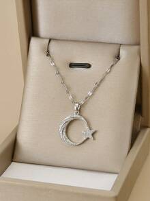 1pc Women's Luxury Stainless Steel Star & Moon Sparkling Rhinestone Necklace - Silver - View 4